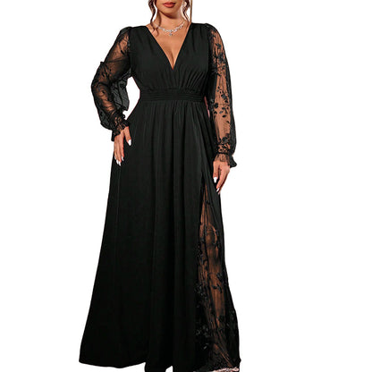 Abito lungo da donna elegante con scollo a V e applicazioni in pizzo
