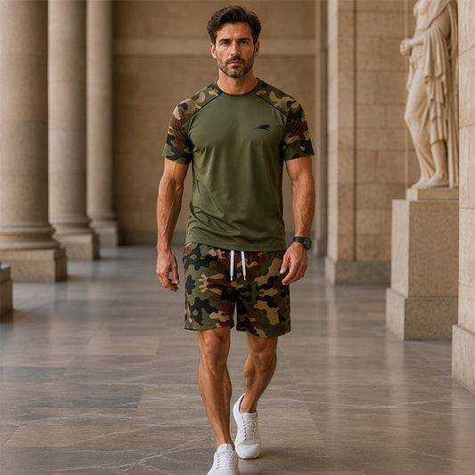 👕🩳Set da uomo composto da camicia a maniche corte mimetica casual e shorts
