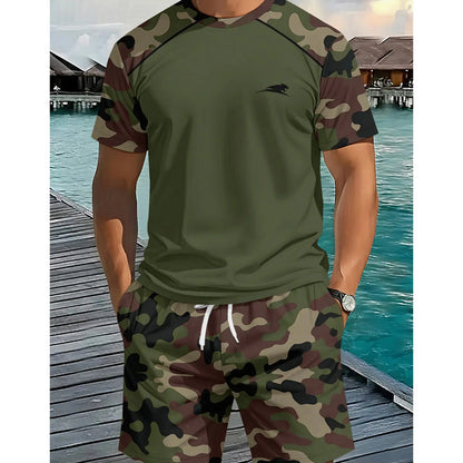 👕🩳Set da uomo composto da camicia a maniche corte mimetica casual e shorts
