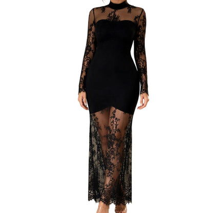 Abito maxi da donna con maniche lunghe e inserto in pizzo
