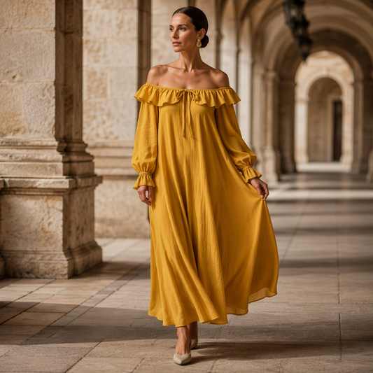 🌸✨Abito lungo casual da donna con scollo a spalle scoperte – Comfort e fascino in un unico capo