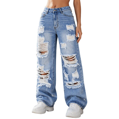 Jeans da donna a gamba larga strappati, pantaloni di denim a vita alta effetto vissuto