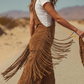 🔥SCONTO DEL 50%! 👚Salopette in pelle scamosciata con frange stile western retrò