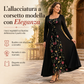 Abito lungo nero a maniche lunghe, scollo quadrato, corsetto con allacciatura e pannello in rete con ricami floreali