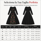 Abito lungo nero a maniche lunghe, scollo quadrato, corsetto con allacciatura e pannello in rete con ricami floreali