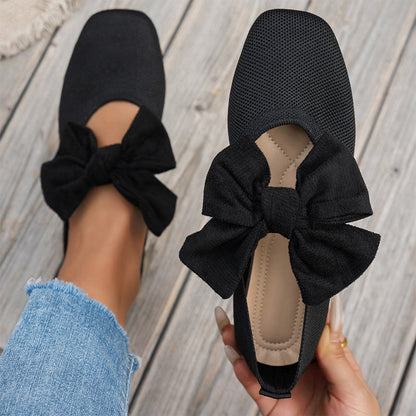 🎀 ✨ Scarpe piatte da donna con punta quadrata, tessuto a maglia e fiocco