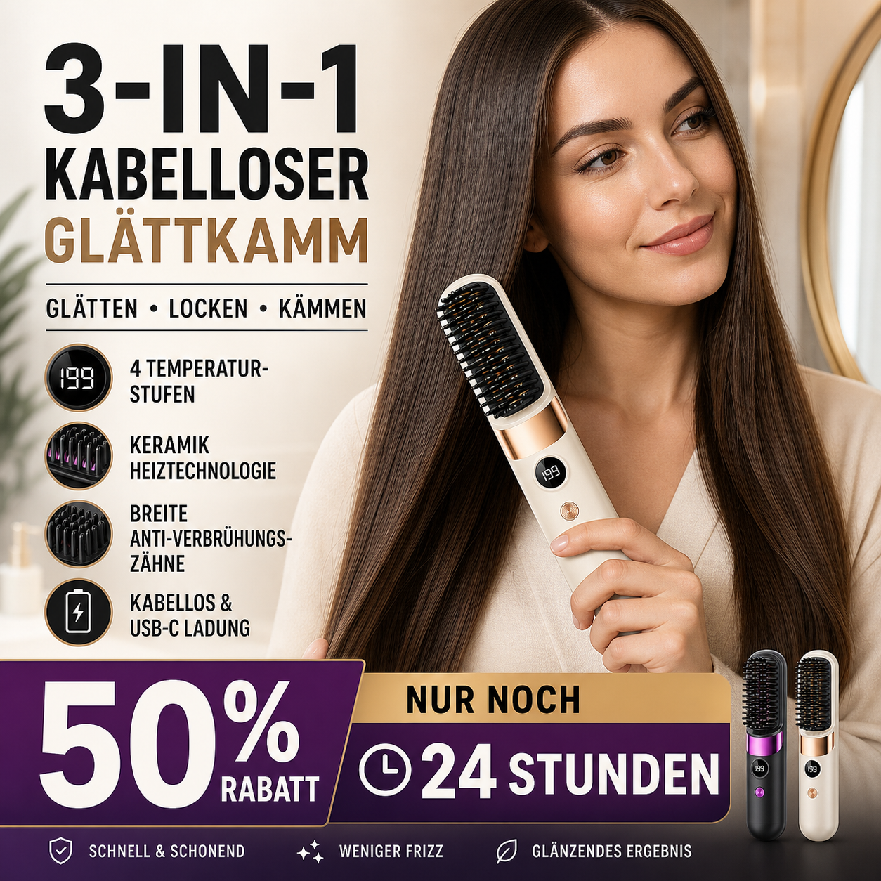 💇‍♀️🔥 Sladdlös 3-i-1-plattång – Rätar ut, lockar och slätar ut håret i en borste – USB-C-laddning, 4 temperaturinställningar – Skapa den perfekta frisyren när som helst, var som helst! ✨