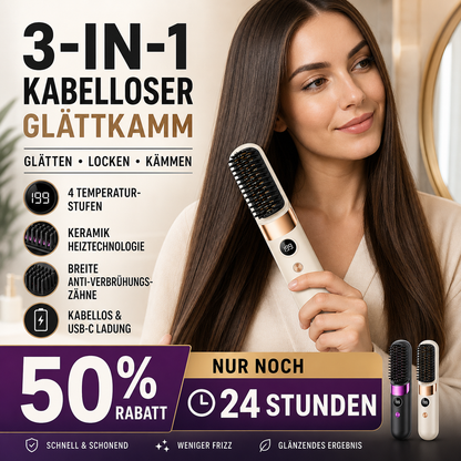 💇‍♀️🔥 Sladdlös 3-i-1-plattång – Rätar ut, lockar och slätar ut håret i en borste – USB-C-laddning, 4 temperaturinställningar – Skapa den perfekta frisyren när som helst, var som helst! ✨