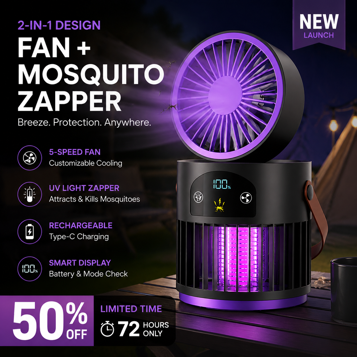 🌿 50% RABATT – Smart utomhuskomfort 💡 Uppladdningsbar fläkt med inbyggd UV-buggdödare 🔥 Ta med den till stranden, trädgården eller camping ✨